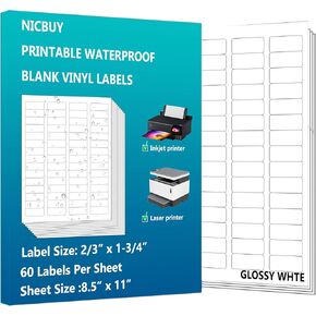 Glossy White Waterproof Sticker Return Address Labels, 2/3" x 1-3/4", 1200 Total Adhesive Labels 60up Printable Address Labels, Laser or Inkjet Compatible