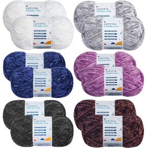 12 Skeins Chenille Yarn Pack, Velvet Plush Fluffy Chenille Yarn for Crocheting, Chenille Blanket Amigurumi Yarn, 6mm Soft Thick Chenille Chunky Yarn, 3.5 oz 132 yds Each Skein, 6 Cute Color