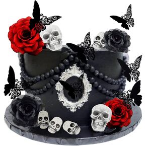 Gothic Rose Skull Cake Topper, Black Butterfly Cake Topper, 21pcs Cake Decoration, Till Death Do Us Part, for Birthday, Wedding, Halloween Party