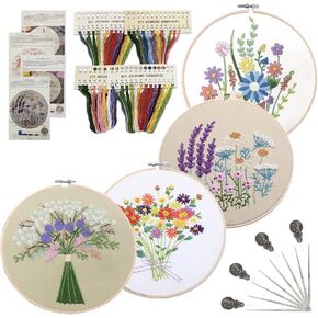 CBBGGR 4 Sets Embroidery Kit for Beginners ，Color Threads Needle Kit，Learning DIY Kit with Easy Instruction Video，Hand Embroidery Kit Includes Hoop