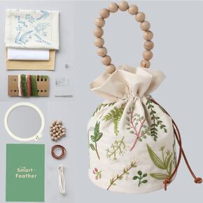 Smart-Feather Embroidery Drawstring Bag Kits with Patterns, Needlepoint Sewing Handbag Kit for Beginners, Embroidery Start Kit with Hoop