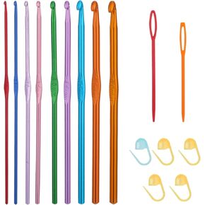16 Pcs Crochet Hook Set,9 Pcs Ergonomic Crochet Hooks 6.0mm 5.5mm 5mm 4.5mm 4.0mm 3.5mm 3.0mm 2.5mm 2.0mm Colorful Aluminum Crochet Needle for Craft Weave,5 Pcs Marking Buckles 2 Pcs Suture Needles