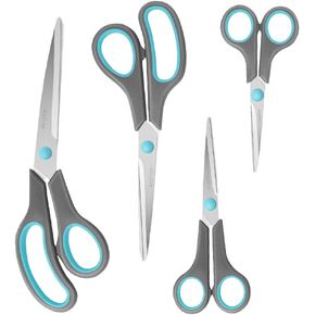 Scissors Set of 4, Premium Stainless Steel Razor Blades, Ergonomic Semi-Soft Rubber Grip, Suitable for School, Office and Family Daily Use, 9.6''/8.5''/6.4"/5.4", Blue&Gray