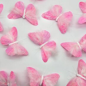 LWINGFLYER Large Pink Feather Butterflies with Clips 12pcs 5-Inch White Glitter Artificial Butterfly Ornaments for Christmas Tree Decorations Birthday Party Wedding Bouquets Wreaths Crafts