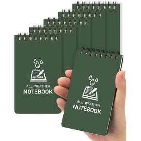 Waterproof Pocket Notebook 3x5, Small Notepads 6 Packs, All Weather Spiral Notebooks for Work, Travel, Outdoor Recording, Write in the Rain Notebooks, Green Cover