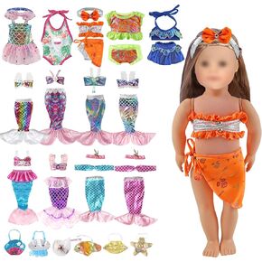 13 Set 18 Inch Doll Clothes and Accessories inlcude 5 Set Bikini Swimwear Swimsuits and 8 Set Mermaid Shinning Dress Outfits Bikini Hat with Handbag Dolls Accessories for Girls Gift