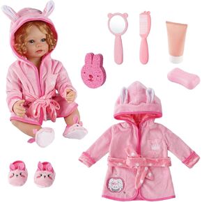 7 PCS Reborn Baby Doll Bathrobe Rabbit Pattern with Slippers and Bath Playset for 17-22 Inch Baby Doll Accessories with Mirror, Comb, Soap, and Bath Sponge, Pink