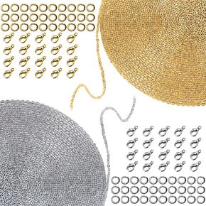 lyfLux 2 Pieces of 33 Feet 2 mm Wide DIY Link Chain Necklaces with 40 Lobster Clasps and 60 Jump Rings for Jewelry Making (Gold and Silver)