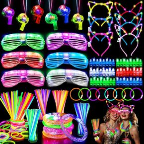 178 Pc New Year Eve Glow In The Dark Party Supplies with 6 Led Glasses 6 Light Up Headbands 12 Flashing Bracelets 6 Noise Makers Necklaces 100 Glow Sticks Neon Party Favors for New Years Birthday