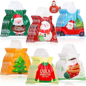 Zayvor 30 Pack Christmas Drawstring Bags, Christmas Gift Wrapping Bags Goody Bags, Christmas Foil Bags,Xmas Mylar Holiday Treat Bags Candy Bags Pouches,Christmas Party Favor Supplies Decoration