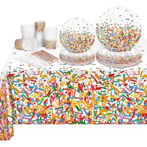 durony 97 Pieces Confetti Sprinkles Tableware Set Disposable Tablecloth Paper Cups Dessert Plates Beverage Napkins for Party Decorations Wedding Birthday Party Favors