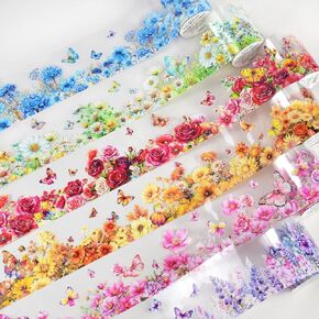 6 Rolls PET Washi Tape 50mm Wide Flowers Transparent Ephemera Light Decorative Aesthetic Floral Stickers Set for Junk Journaling, Scrapbook Supplies, Crafting, DIY Projects