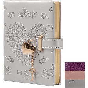 TIEFOSSI Heart Lock Journal Notebook with Key, Glitter Purple PU Leather Diary B6 Journal for Writing, 144 Sheets Lined Paper, Gift for Girls, Women