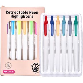 Kicko Retractable Highlighters - Set of 6 - No Bleed, Fade-Resistant Ink for Color Coding & Passage - Plastic Gel Highlighters with Vivid, Vintage Aesthetic Colors - White with Vintage Colors