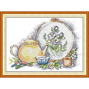 Howie's Needlepoint Cross Stitch Kits, 14CT Pre-Printed Pattern Embroidery Kits, Full Range of Stamped Starter Needlework Kits (Afternoon Tea in Summer, 7.87 x 7.1inch)