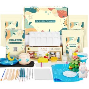 UHAPEER Air Dry Clay Kit for Adults, Pottery Kit for Adults Pottery Set for Beginners with Pottery Clay, Sculpting Tools, Varnish, Pottery Paint, Step-by-Step Guide & Video, Gift for Arts Crafts Lover