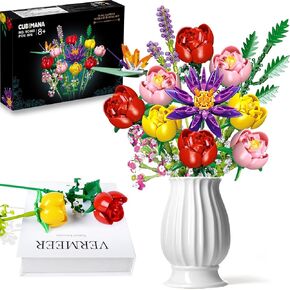 Rose Flowers Bouquet Building Set - 976PCS Botanical Flower Building Block Toy, Mothers & Valentines Day, Birthdays Gifts for Women, Her. Artificial Roses Home Office Decor, Gifts for Kids Adults
