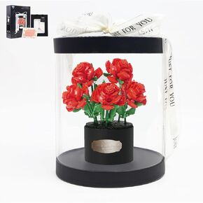 Insgen Flowers Bouquet Building Sets Bonsai Rose Fower Basket Building Blocks Set, Artificial Flowers Building Toys Botanical Collection, DIY Unique Decoration Home (Red Rose)