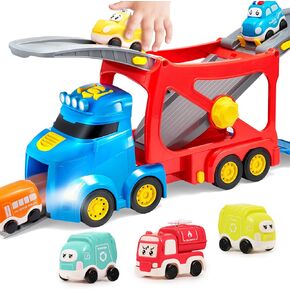 3-Layer Extra Large Princess Pink Truck Toys for Girls, 7-in-1 Big Transport Vehicle Carrier Truck with Directional Tracks, Siren & Lights, 6 Cars, Chrismas Birthday Gifts for 3+ Years Old