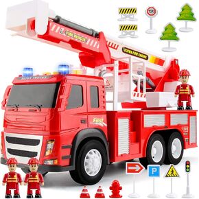Fire Truck Playset - 1:12 Scale Large Size Toys - Realistic Fire Engine, 3 Firemen, Road Signs, Lights, Sounds - Friction-Powered Fire Truck Toys for 3 Year Old Boys, Girls, Toddlers Age 3 4 5