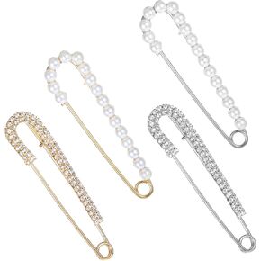 4 Pcs Women Brooch Pins Decorative Safety Pins for Clothes Faux Crystal Pearl Brooches Sweater Shawl Clips Pant Waist Tightener Shoe Pins Sambas Pins Dress Shirt Clips, Gold Silver