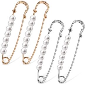 4 Pcs Faux Pearl Brooch Pins Decorative Safety Pins Pants Clips Tighten Waist Pins Large Shawl Pins for Women Clothing Dress Pants Skirt Dressing Accessories Waist Extender Decorative Pins