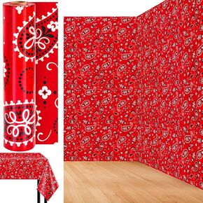 Western Party Tablecloth Backdrop Roll 4.5 x 100 Ft Paisley Table Cover Red Bandana Tablecloth Floral Plastic Disposable Table Cloth for Western Cowboy Themed Wild West Party Decorations Supplies