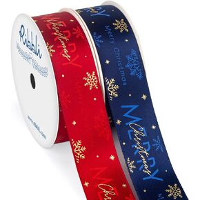 Ribbli 2 Rolls Christmas Ribbon for Wrapping,Red and Blue Ribbon with Gold Snowflake Pattern,Merry Christmas Ribbon for Crafts,Gift Wrapping,Home Decor,1 Inches Total 20 Yards,Red/Blue