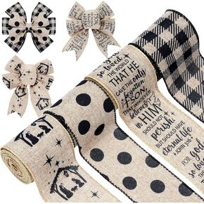 Whaline 4 Rolls Christmas Wired Ribbon 2.5 Inch 24 Yards John 3:16 God So Loved The World Holy Night Dots Plaids Xmas Holiday Craft Ribbon for Gift Wrapping DIY Floral Arrangement Wreath Bow