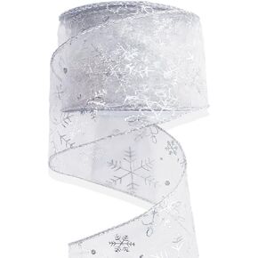 Christmas Wired Ribbon, 2.5 Inch x 10 Yards White Snowflake Organza Sheer Ribbon with Silver Glitter Snowflake Pattern, Gift Wrapping, Christmas Party Decorations