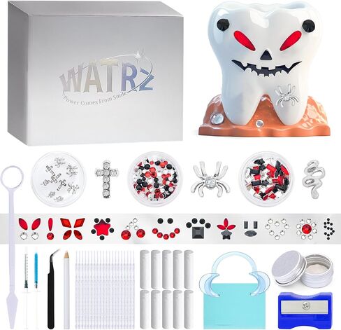 مجموعة جوهرة الأسنان من WATRZ، طقم مجوهرات الأسنان الماسية للأسنان DIY مجموعة مجوهرات الأسنان للفتيات DIY كريستال عنكبوت ثعبان صليب قلب فراشة صاعقة وردي أرجواني أسود أحمر للأولاد (أسود) in Kuwait