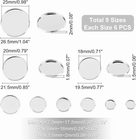 UNICRAFTALE About 54pcs 9 Sizes 6-25mm Silver Flat Round Trays Stainless Steel Plain Edge Bezel Cups Blank Tray Cabochon Settings for Jewelry Making DIY Findings in Saudi Arabia