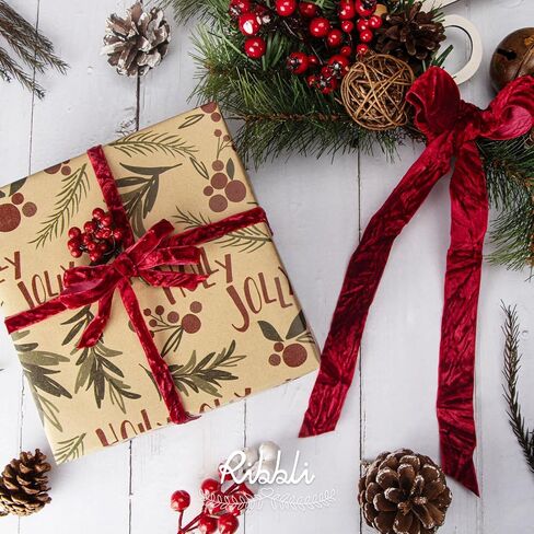 Ribbli Dark Red Velvet Ribbon 3/8 Inches Luxury Crinkled Red Christmas Ribbon for Gift Wrapping Crafts Home Decor-Continuous 10 Yard in Saudi Arabia