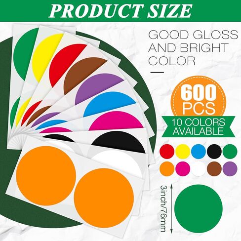 Marspark 300 3 Inch Color Coding Sticker 10 Assorted Colors Circle Labels Dot Stickers Adhesive Round Stickers Solid Label Sticker for Inventory Organize File Classification in Kuwait
