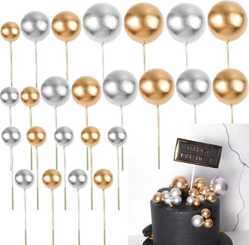 24 PCS Balls Cake Topper Black & Gold with Mini Crown and Happy Birthday Cake Insert Pick, DIY Pile Up Insert for Wedding Birthday Party Baby Shower Cake Decoration, Silver&Gold in Saudi Arabia
