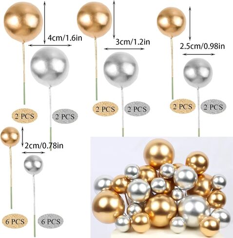 24 PCS Balls Cake Topper Black & Gold with Mini Crown and Happy Birthday Cake Insert Pick, DIY Pile Up Insert for Wedding Birthday Party Baby Shower Cake Decoration, Silver&Gold in Saudi Arabia