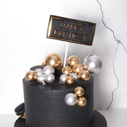 24 PCS Balls Cake Topper Black & Gold with Mini Crown and Happy Birthday Cake Insert Pick, DIY Pile Up Insert for Wedding Birthday Party Baby Shower Cake Decoration, Silver&Gold in Saudi Arabia