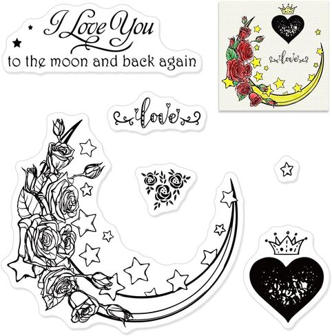 Valentines Flowers Moon Clear Stamps for Card Making Journaling, Love Words Letters Transparent Silicone Stamps Seal Stars Rubber Stamps for Scrapbooking DIY Cards Album Crafts Supplies in Kuwait