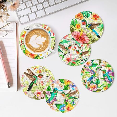Puraikcmi 6PCs Diamond Paintings Coasters Kits Set, Pet Diamond Art Coasters with Holder, Crafts DIY Coasters, Small Diamond Art Kits for Adult Diamond Gem Dots Gift (Hummingbird) in Saudi Arabia