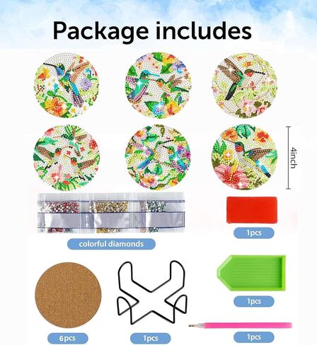 Puraikcmi 6PCs Diamond Paintings Coasters Kits Set, Pet Diamond Art Coasters with Holder, Crafts DIY Coasters, Small Diamond Art Kits for Adult Diamond Gem Dots Gift (Hummingbird) in Saudi Arabia