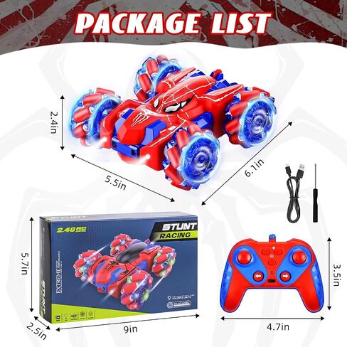 Spider Remote Control Car for Kids 4-7 - RC Stunt Car Toys for Boys and Girls Aged 3 4 5 6 7 8 9 10 11 12 Christmas Birthday Gifts - 360° Rotating Car Toy with LED Light (Red) in Saudi Arabia