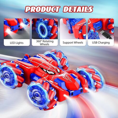 Spider Remote Control Car for Kids 4-7 - RC Stunt Car Toys for Boys and Girls Aged 3 4 5 6 7 8 9 10 11 12 Christmas Birthday Gifts - 360° Rotating Car Toy with LED Light (Red) in Saudi Arabia