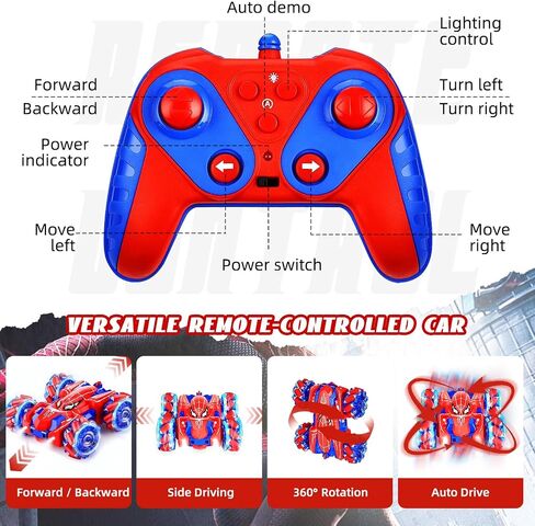 Spider Remote Control Car for Kids 4-7 - RC Stunt Car Toys for Boys and Girls Aged 3 4 5 6 7 8 9 10 11 12 Christmas Birthday Gifts - 360° Rotating Car Toy with LED Light (Red) in Saudi Arabia