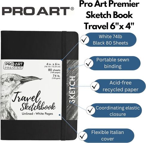 كتاب رسم احترافي للسفر مقاس 6 × 4 بوصة أبيض 74 رطل أسود 80 ورقة، كتاب رسم، دفتر رسم، لوحة رسم، لوحة رسم، ورق رسم، كتاب فني، كتاب رسم، ورق فني، دفتر رسم للرسم in Kuwait