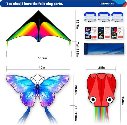 3 Piece Set Butterfly Delta Octopus Kites for Kids and Adults，Easy to Fly for Outdoor Adults Children Line Kite for Kids Toy (Delta 2+Octopus 2+Butterfly 2, 6) in Saudi Arabia