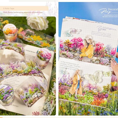 6 Rolls PET Washi Tape 50mm Wide Flowers Transparent Ephemera Light Decorative Aesthetic Floral Stickers Set for Junk Journaling, Scrapbook Supplies, Crafting, DIY Projects in Kuwait