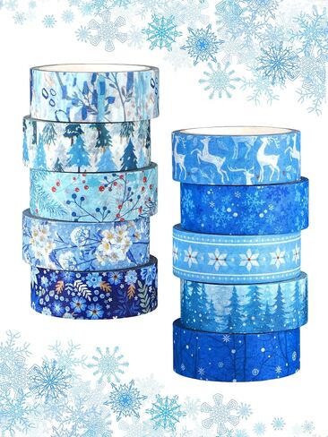 BBTO 10 Rolls Winter Snowflake Washi Tape Holiday Washi Tape Christmas Blue White Tape Xmas Reindeer Tape Decorative Colored Foil Tape Christmas Tree Tape for Adults Scrapbooking Gift(Snowflake) in Saudi Arabia