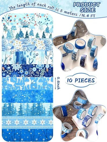 BBTO 10 Rolls Winter Snowflake Washi Tape Holiday Washi Tape Christmas Blue White Tape Xmas Reindeer Tape Decorative Colored Foil Tape Christmas Tree Tape for Adults Scrapbooking Gift(Snowflake) in Saudi Arabia