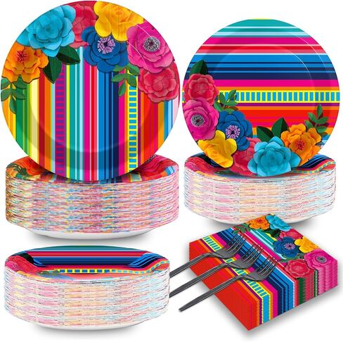 200pcs Mexican Fiesta Plates Napkins Mexican Floral Paper Tableware Set Serape Stripes Cake Disposable Dinnerware Pinata Mexico Taco Party Decoration for Baby Shower Birthday Decor Supplies Serves 50 in Kuwait