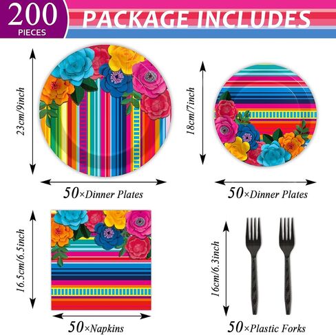 200pcs Mexican Fiesta Plates Napkins Mexican Floral Paper Tableware Set Serape Stripes Cake Disposable Dinnerware Pinata Mexico Taco Party Decoration for Baby Shower Birthday Decor Supplies Serves 50 in Kuwait